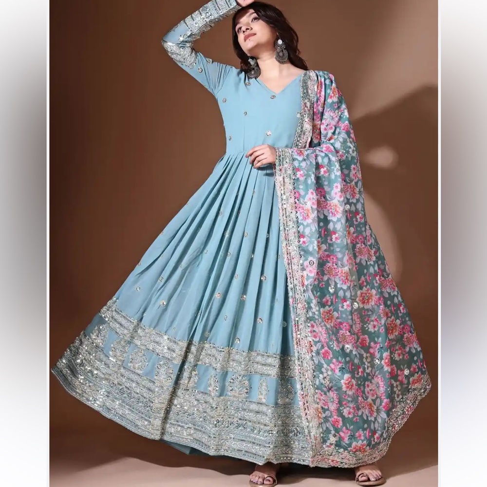House of Indya Blue Anarkali Dress Floral Dupatta xl frock gown - Picture 2 of 14